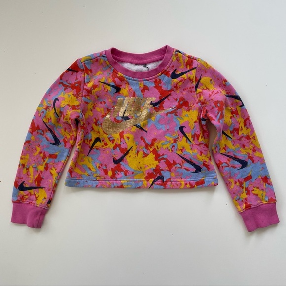 Nike Girls Pink Paint Splattered Nike Swoosh Cropped Sweatshirt Size XS (6/7) - Picture 1 of 4